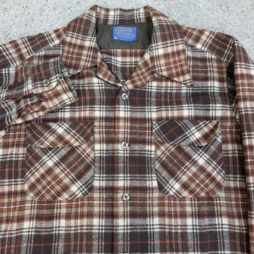 Vintage Pendleton Plaid Wool Board Shirt Sz L Loop Collar Surf Made In USA